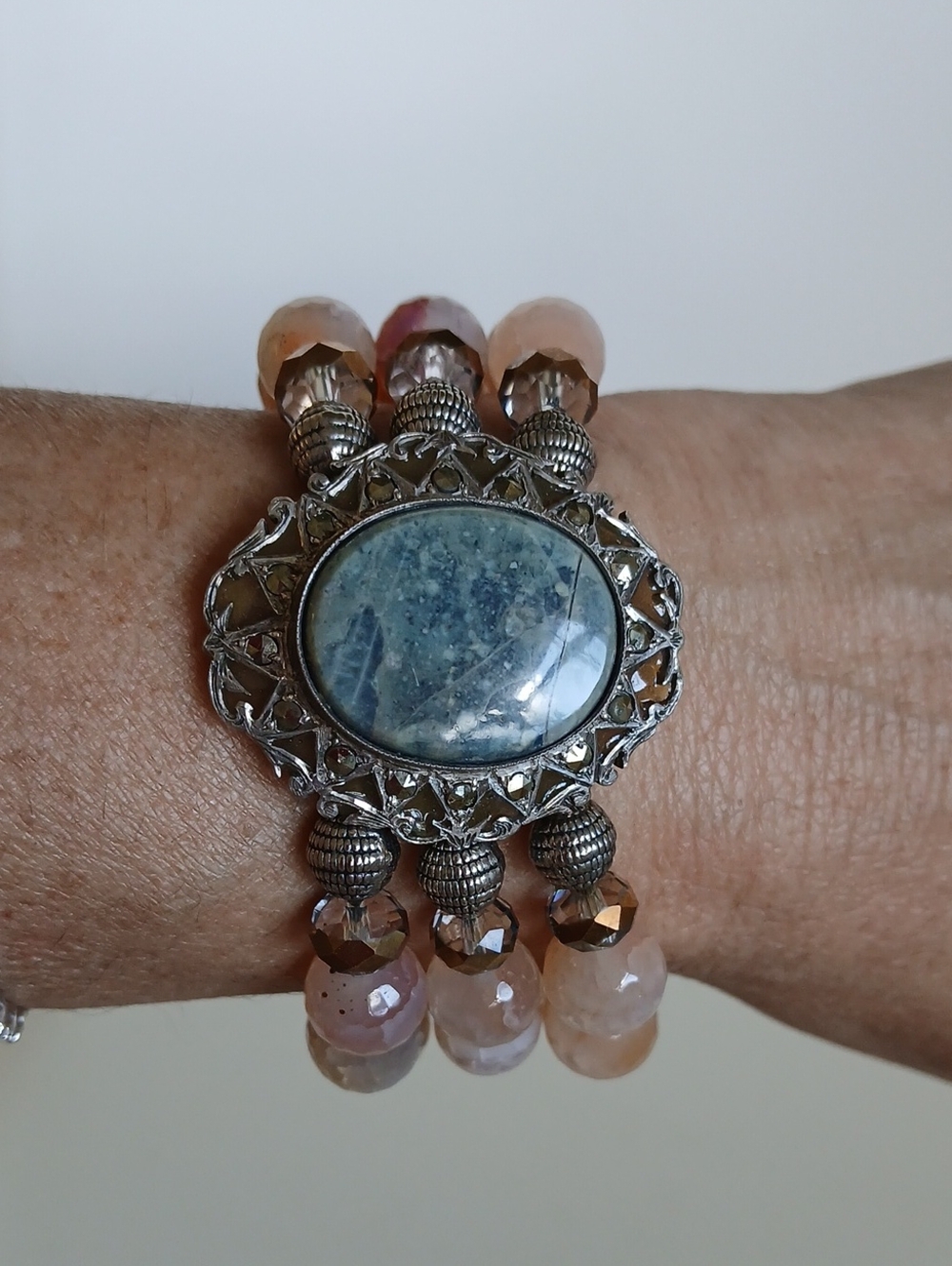 Silver-Tone Blue Jade  Stone & Peach Agate Bead Stretch Bracelet